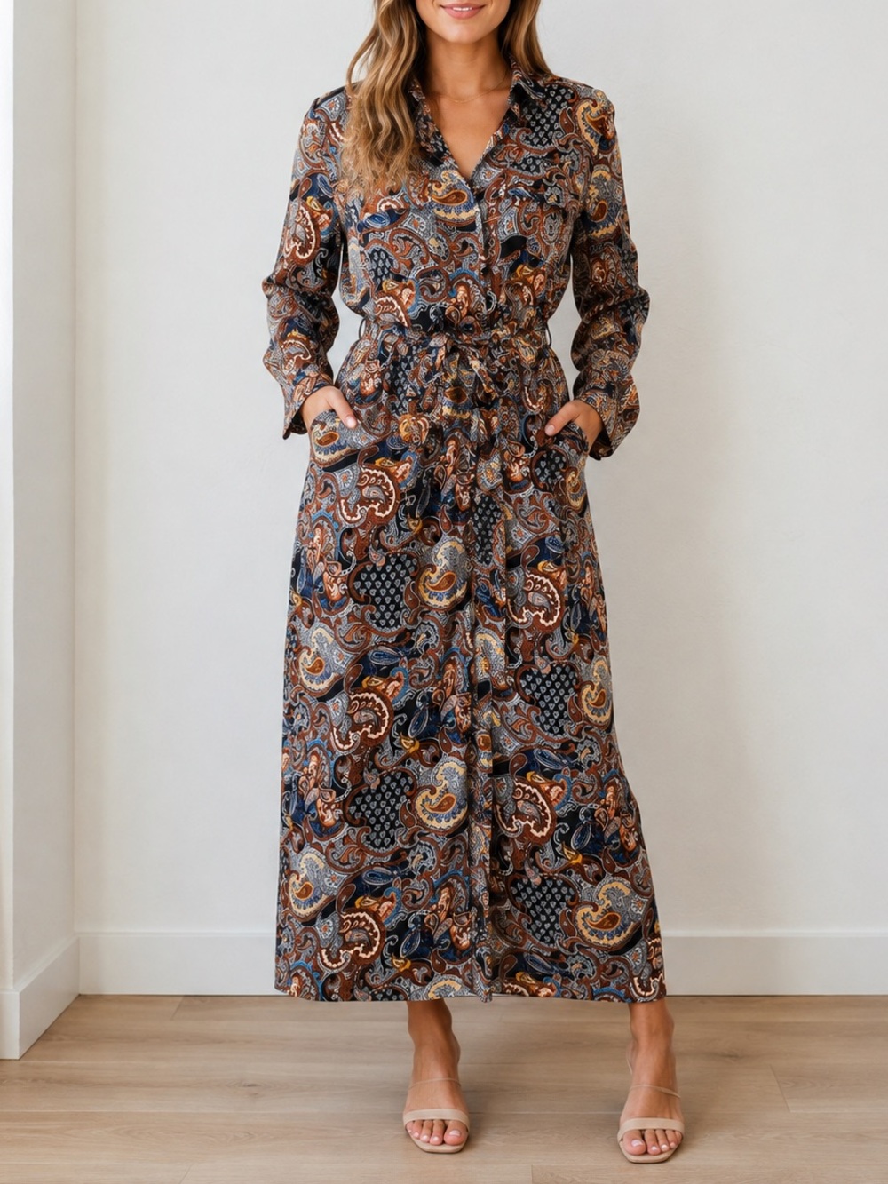 Fishbowl Paisley Belted Shirt Dress Maxi Long Sleeve Multicolor Size M